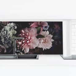Küchenrückwand - Blumen Mit Nebel Auf Schwarz In Schwarz