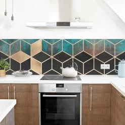 Küchenrückwand - Türkis Rosé Goldene Geometrie In Türkis -Küchenbedarf Geschäft wallart kuchenruckwand turkis rose goldene geometrie in turkis 3